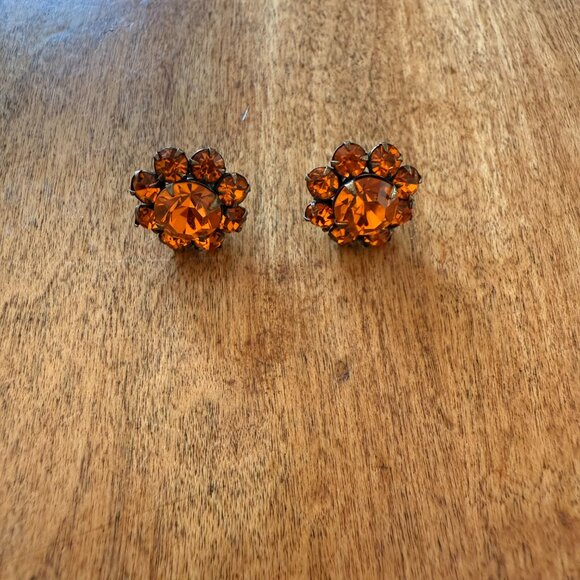 Vintage Orange Rhinestone Flower Floral Stud Earrings - Picture 4 of 8